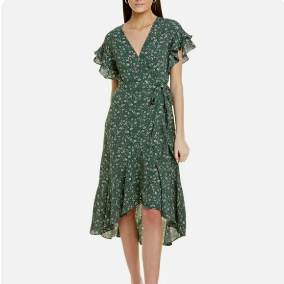green emerald velvet dress Mika Bottle Green Satin Short-Sleeve Wrap Maxi Dress – Club L London main image 1